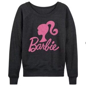 Barbie Logo Pink Glitter Lightweight French Terry Long Sleeve Graphic Shirt